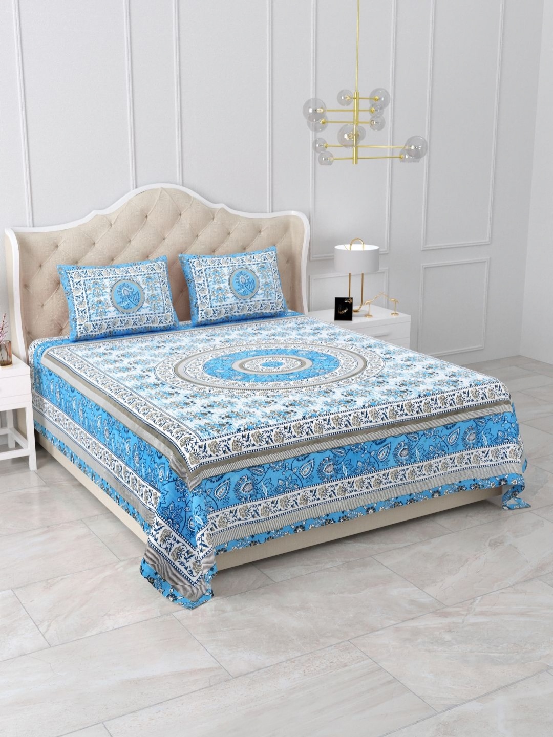 

Qfab Blue Floral 144 TC Queen Bedsheet with 2 Pillow Covers