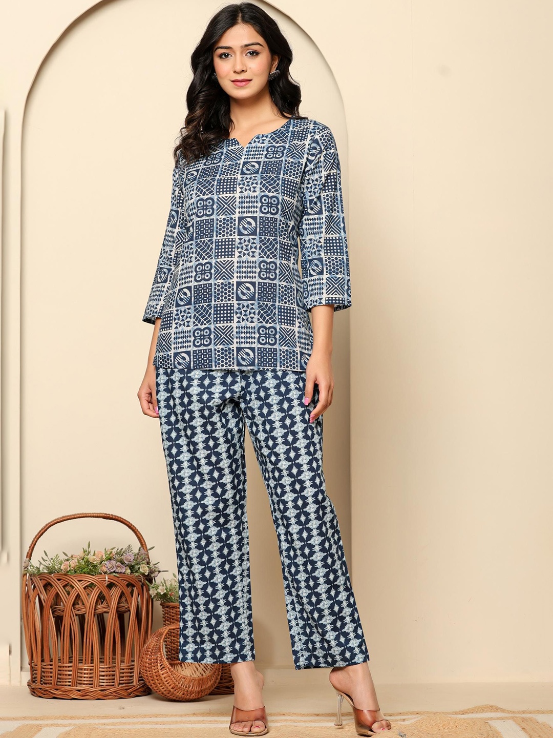 

Rouhab Printed Pure Cotton Top With Trousers Co-Ords, Blue