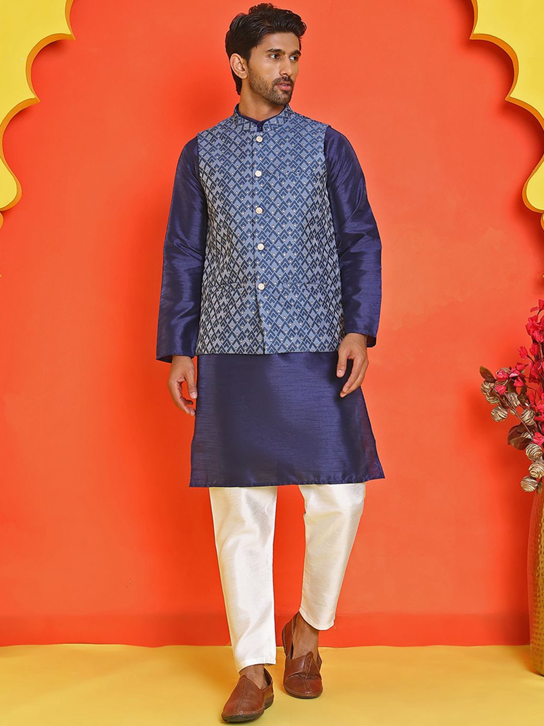 

Anouk Men Embroidered Regular Sequinned Kurta with Churidar, Blue