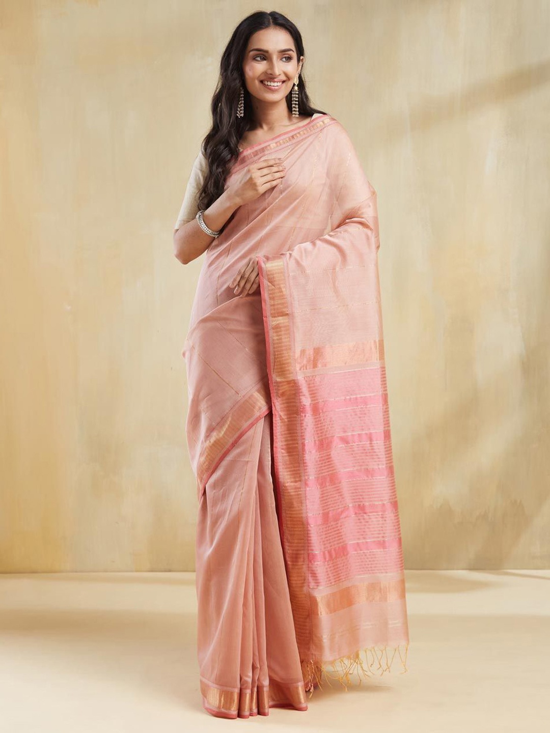 

Fabindia Striped Zari Silk Cotton Maheshwari Saree, Pink