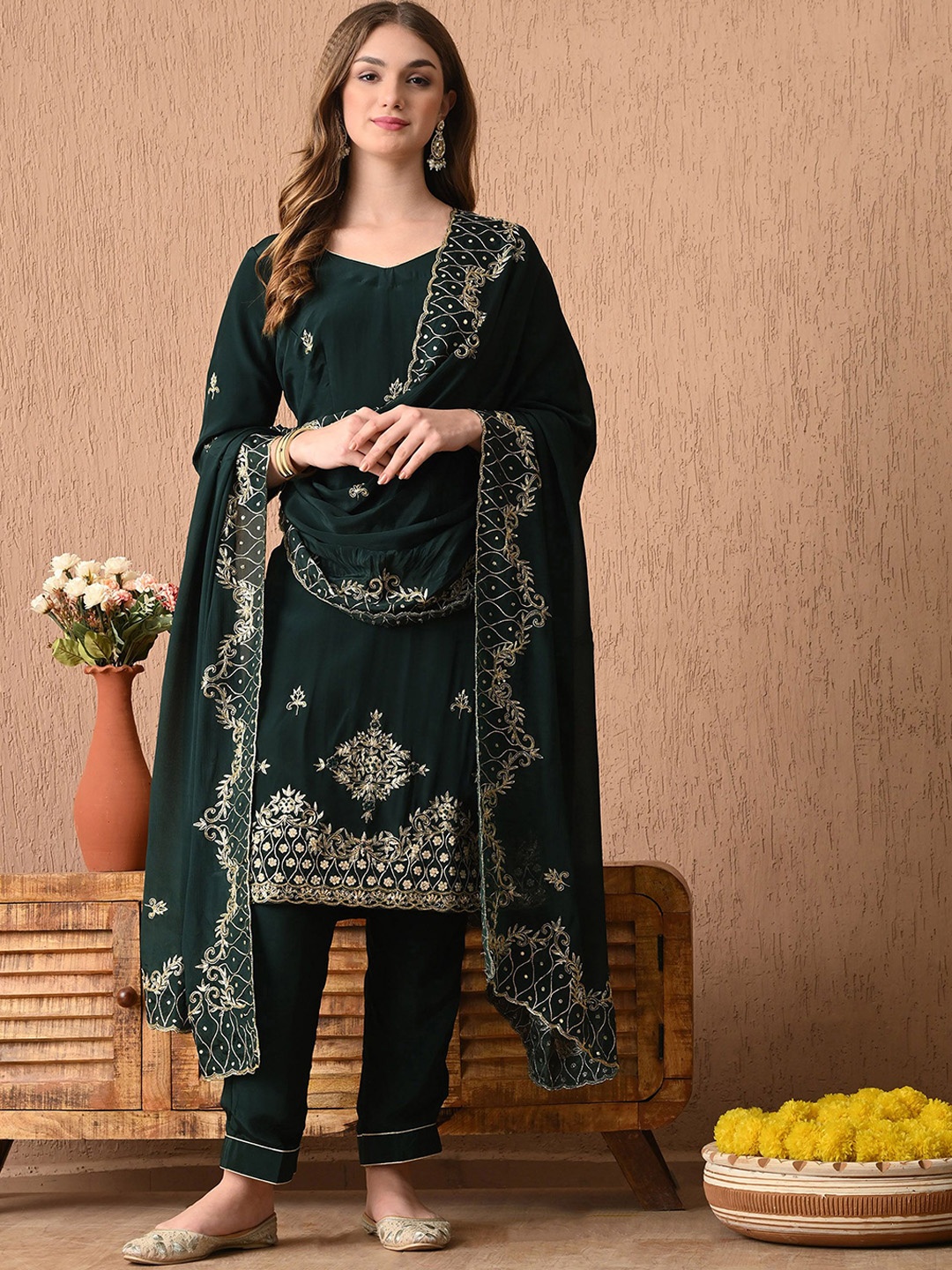 

ZARIKALI Women Floral Embroidered Regular Beads and Stones Silk Crepe Kurta with Trousers & With Dupatta, Green