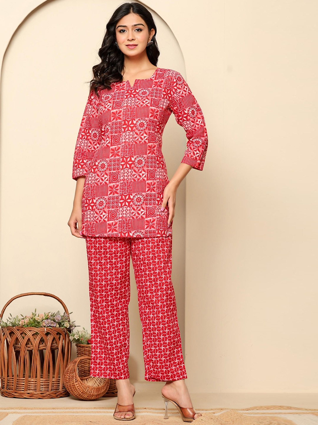 

Rouhab Printed Pure Cotton Top With Trouser Co-Ords, Pink