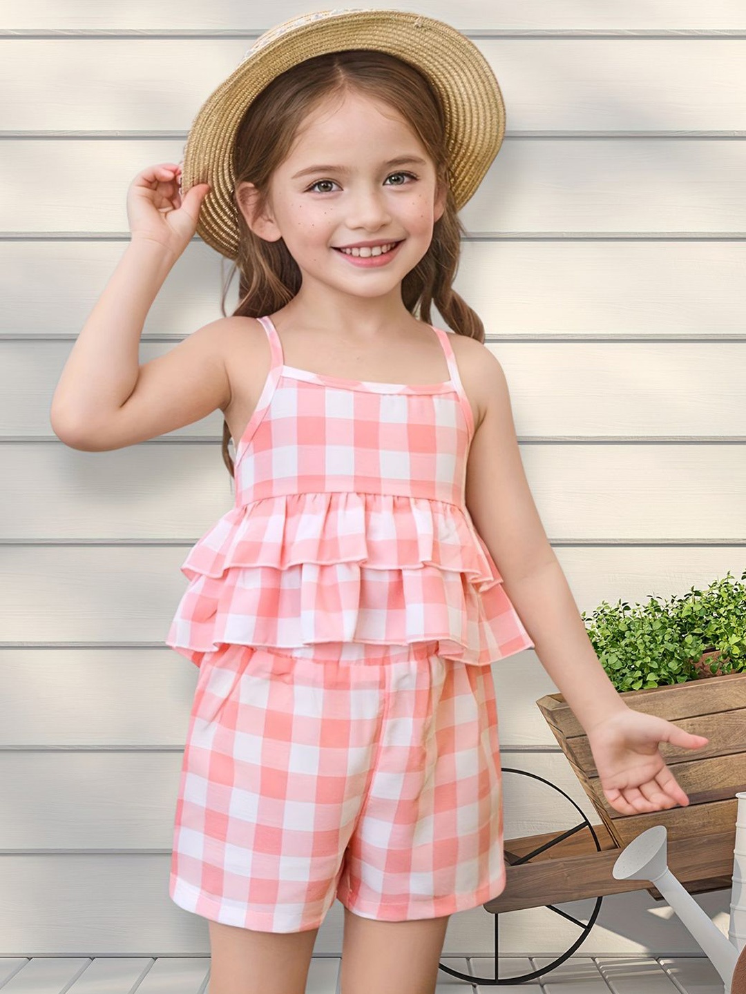 

YK Girls Checked Top & Shorts Clothing Set, Peach