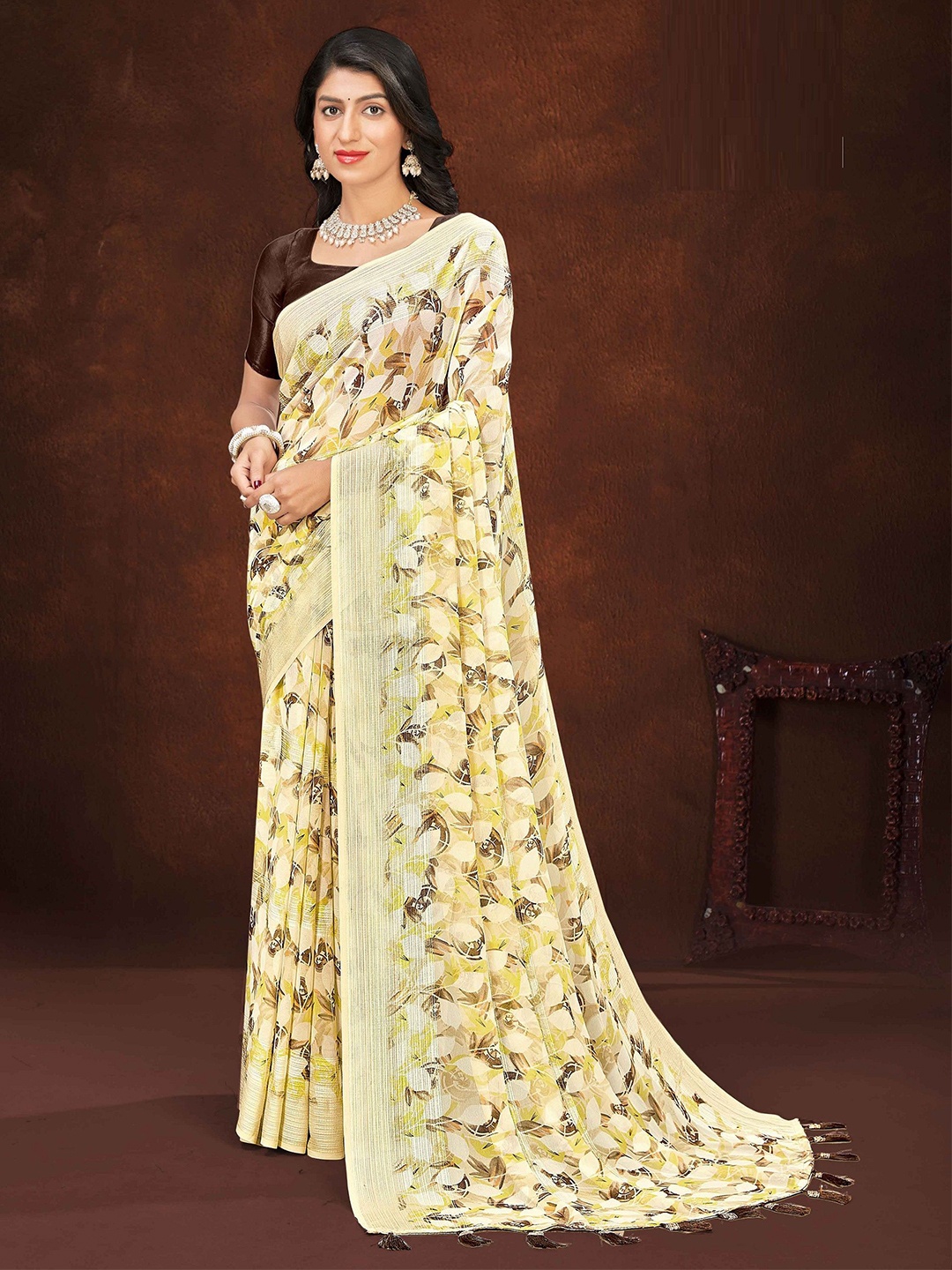 

MAHALASA Floral Pure Georgette Saree, Brown