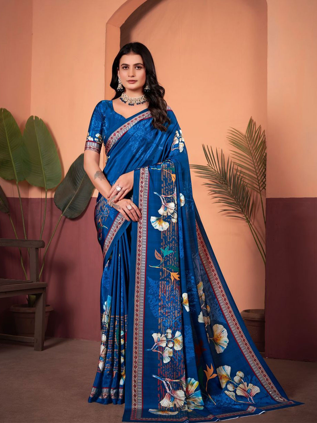 

Suha Floral Poly Crepe Saree, Blue