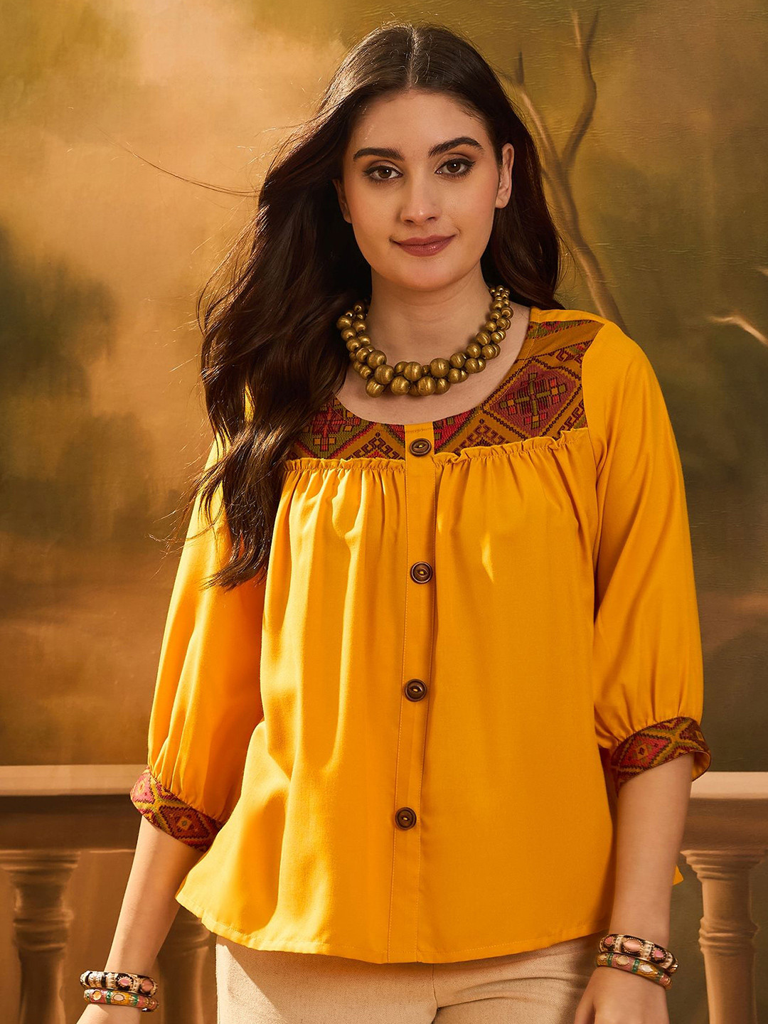 

Sangria Self Design Round Neck Top, Yellow