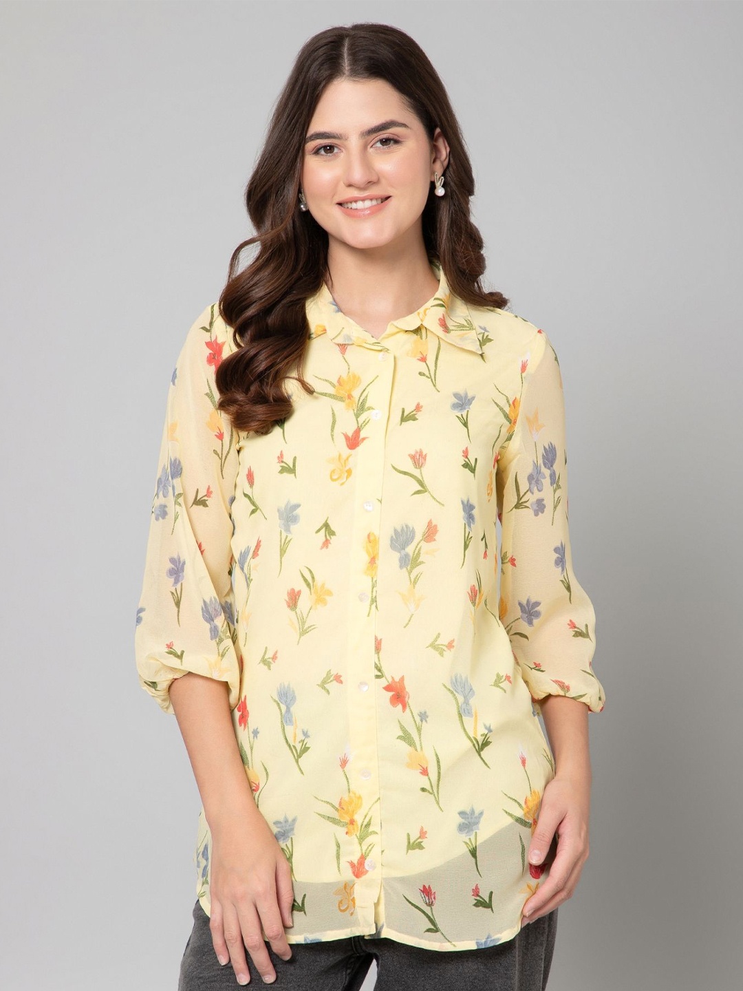 

Moda Rapido Shirt Collar Printed Tunic, Yellow