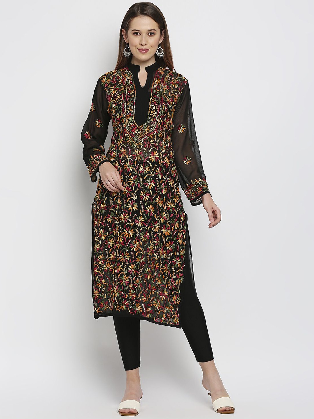 

Indiankala4u Women Ethnic Motifs Printed Chikankari Georgette Kurta, Black