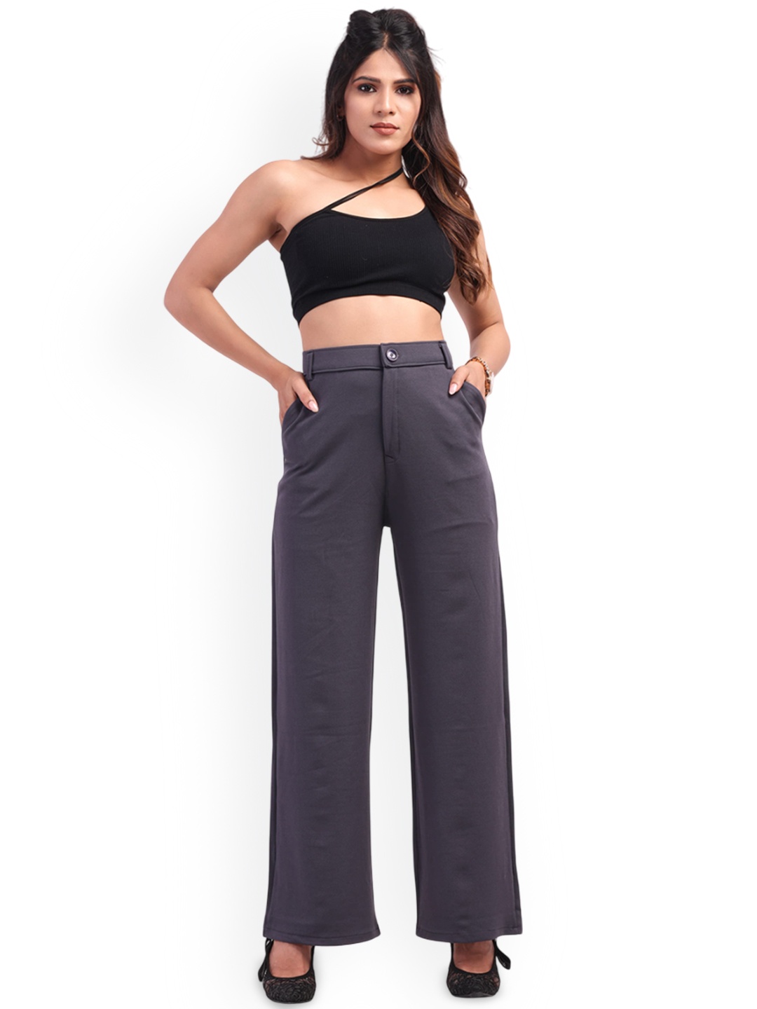 

HIGH BUY Women Relaxed High-Rise Pleated Trousers, Grey