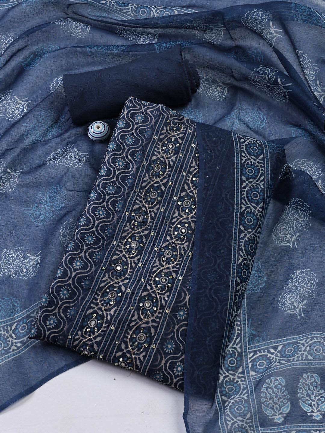 

Meena Bazaar Printed Art Silk Unstitched Dress Material, Navy blue