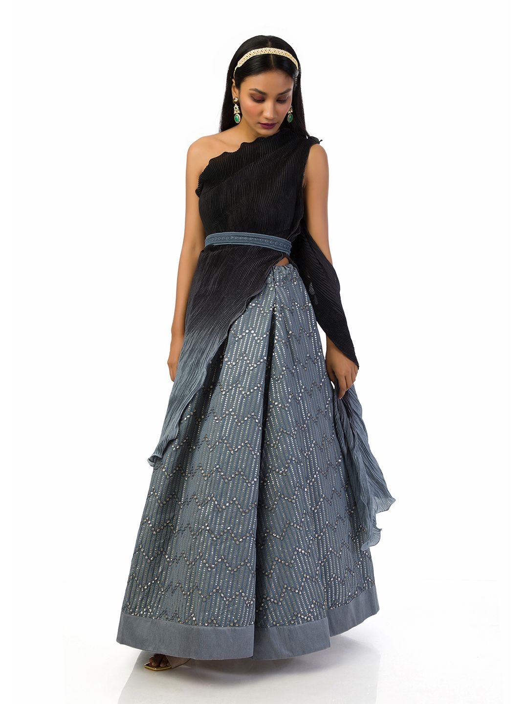 

Mystake By Meghna Shah Printed Sequinned Ready to Wear Lehenga & Blouse With Dupatta, Grey