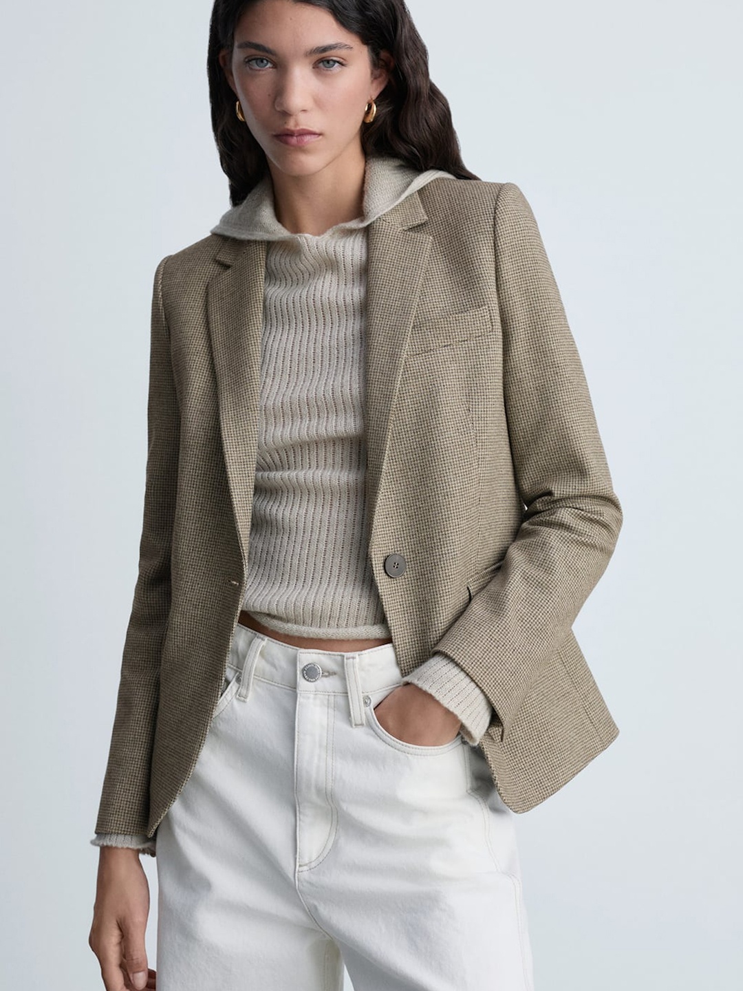

MANGO Printed Single-Breasted Formal Blazer, Brown