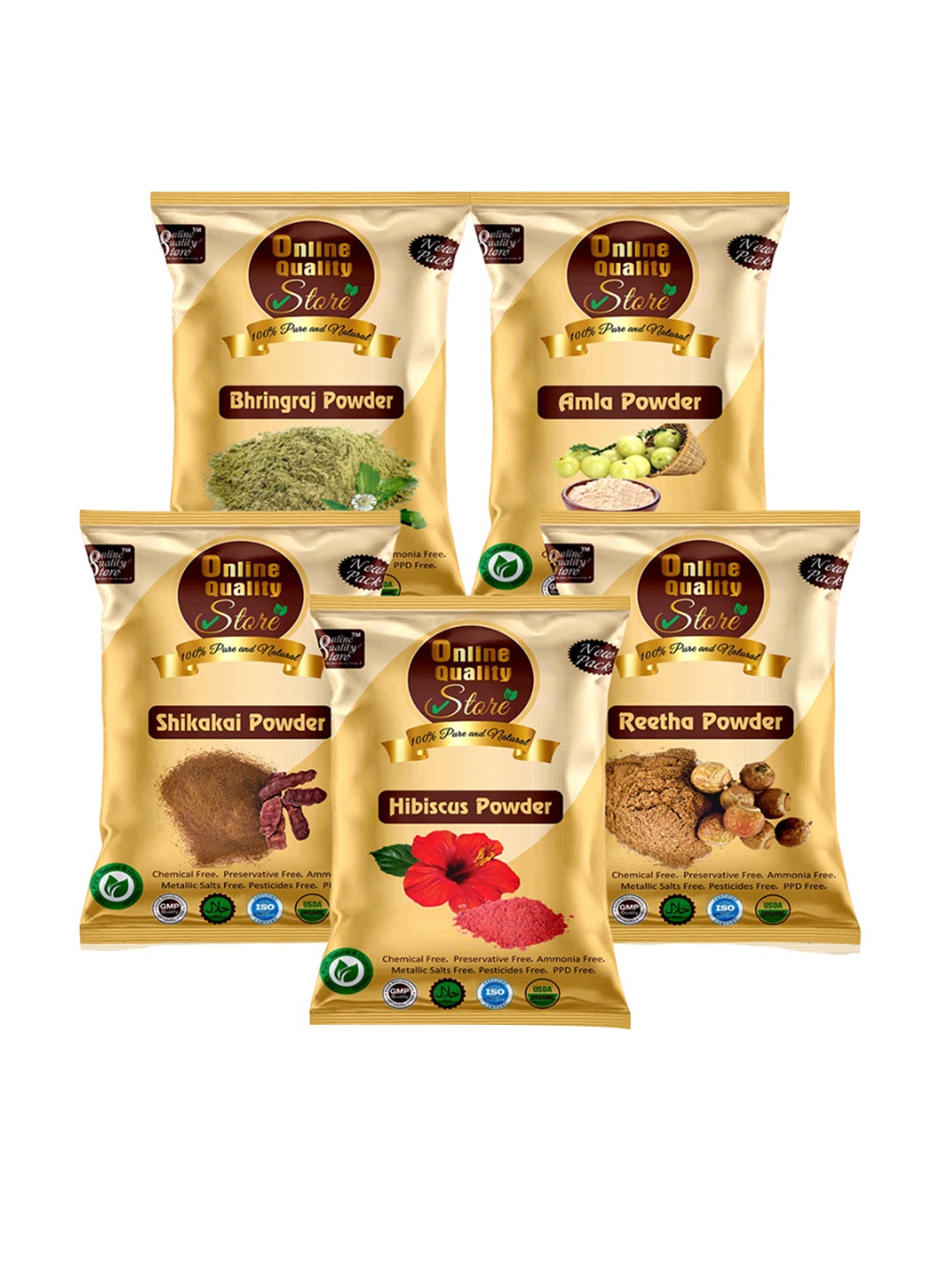 

Online Quality Store Set Of 5 Amla Reetha Hibiscous Bringraj Shikakai Powder - 50 g Each, Beige
