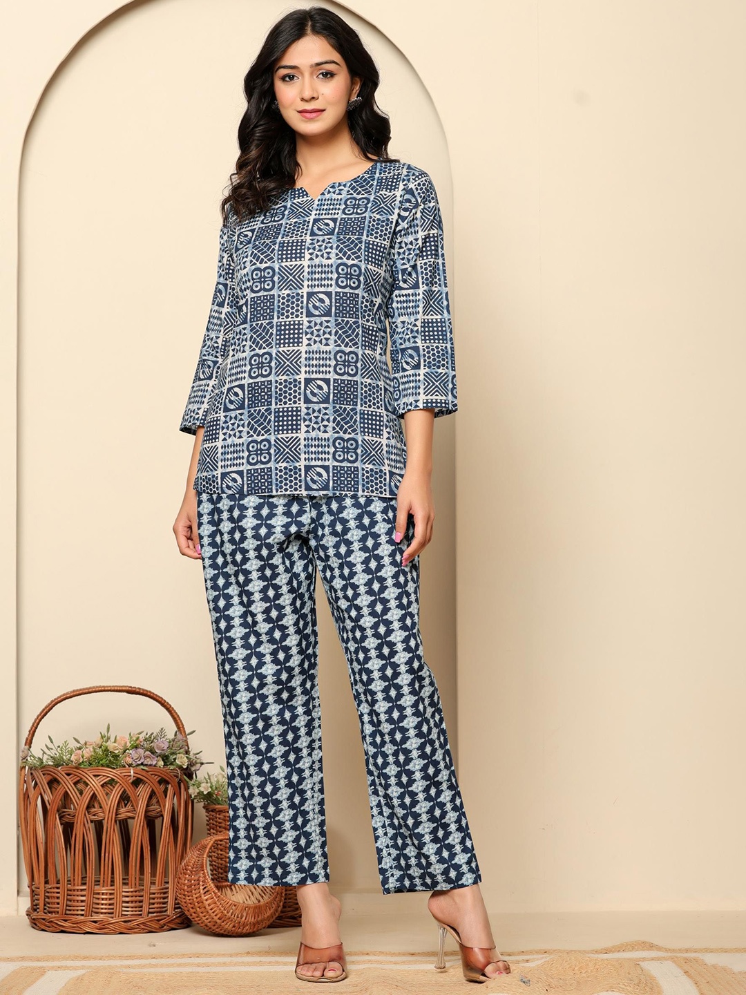 

Ragavi Printed Pure Cotton Top With Trousers Co-Ords, Blue