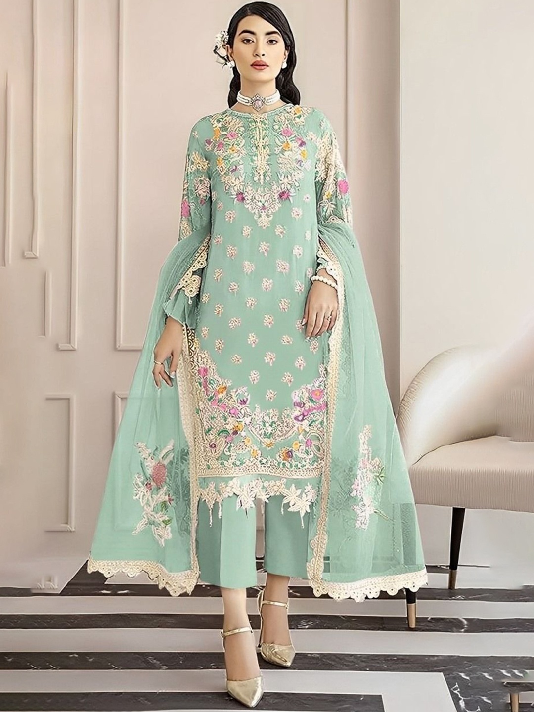 

REET MAHAL Floral Embroidered Pure Cotton Unstitched Dress Material, Green