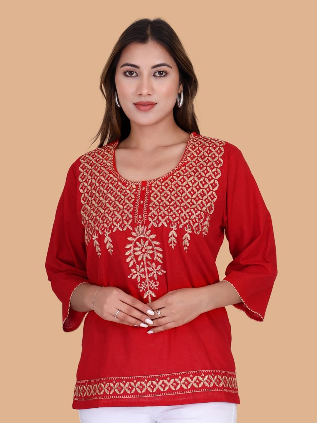 

Moda Rapido Floral Embroidered Flared Sleeves Thread Work Pure Cotton Thread Work Kurti, Red