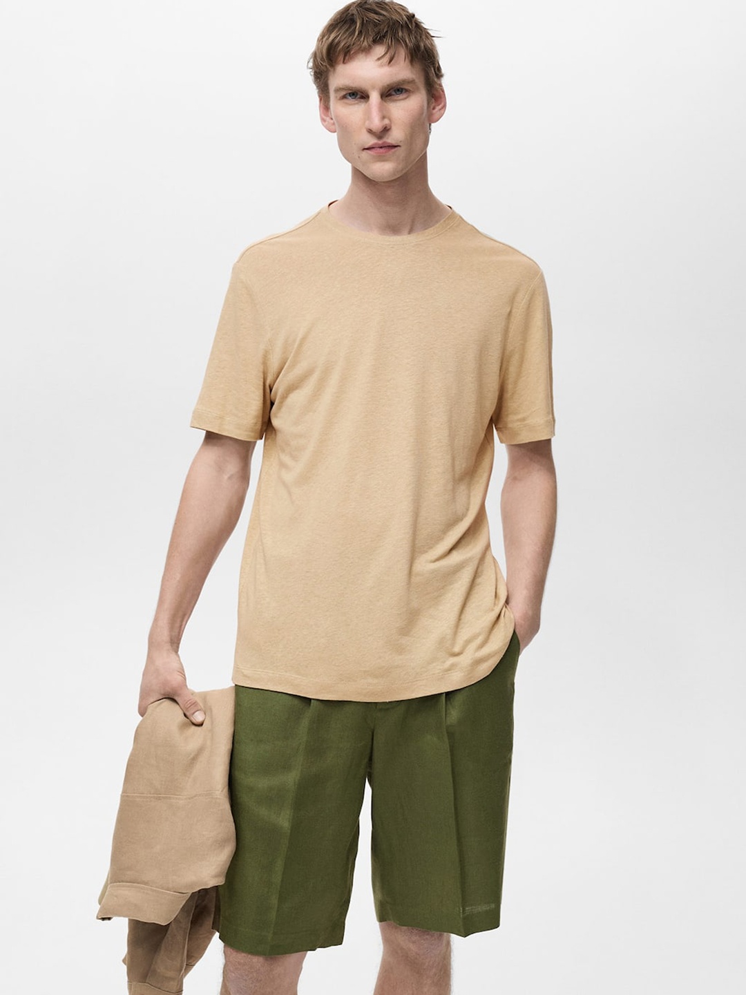 

MANGO MAN Solid Basic T-shirt, Khaki