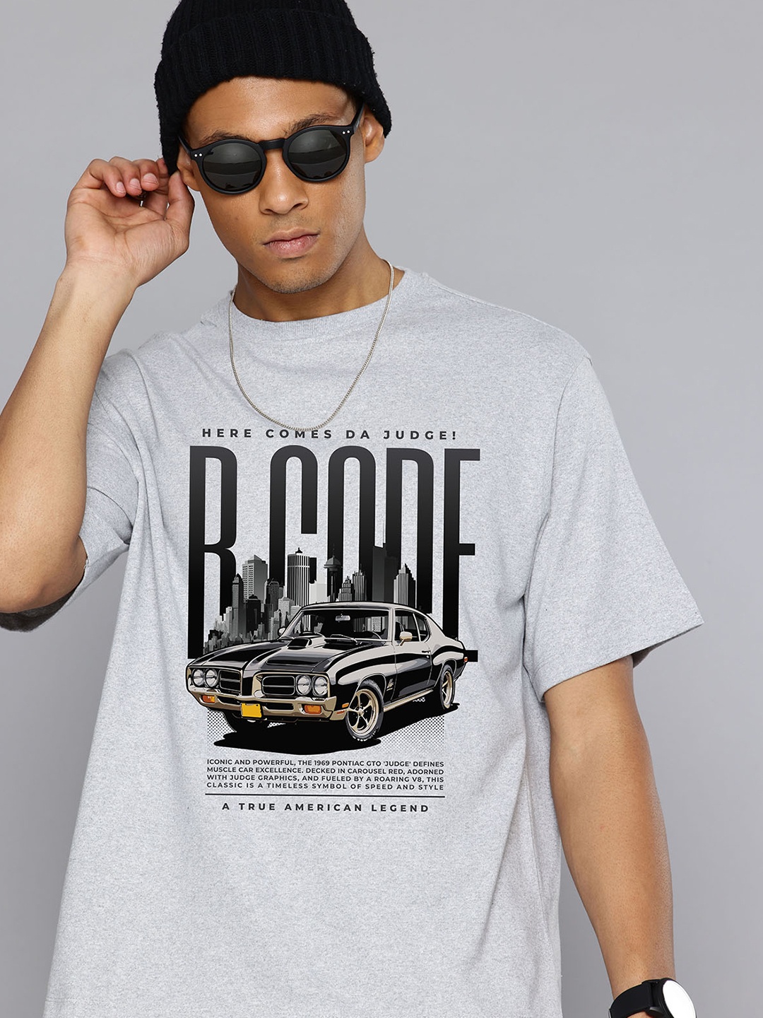 

R.Code by The Roadster Lifestyle Co. Men Graphic Printed Cotton Relaxed Fit T-shirt, Grey melange