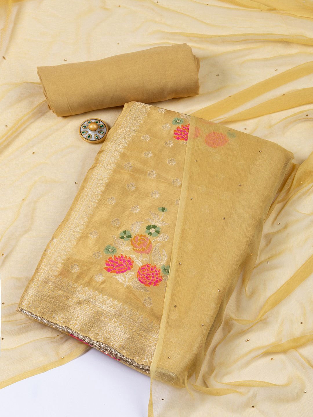 

Meena Bazaar Art Silk Unstitched Dress Material, Mustard