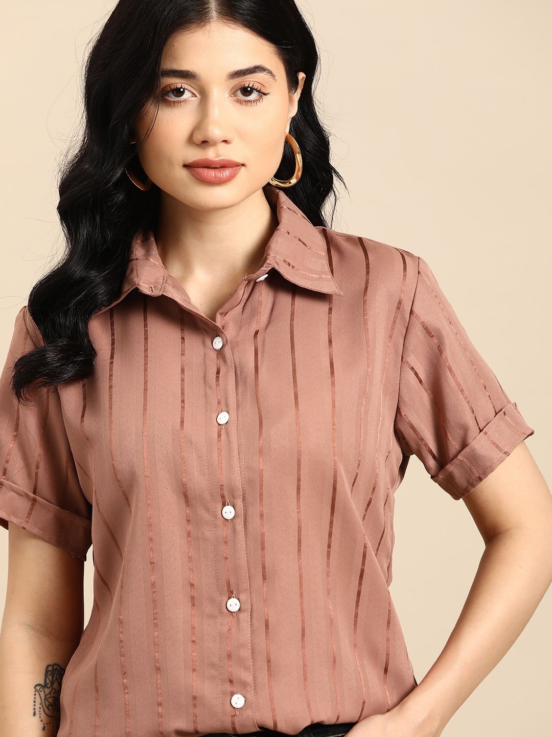 

DressBerry Women Opaque Striped Casual Shirt, Brown