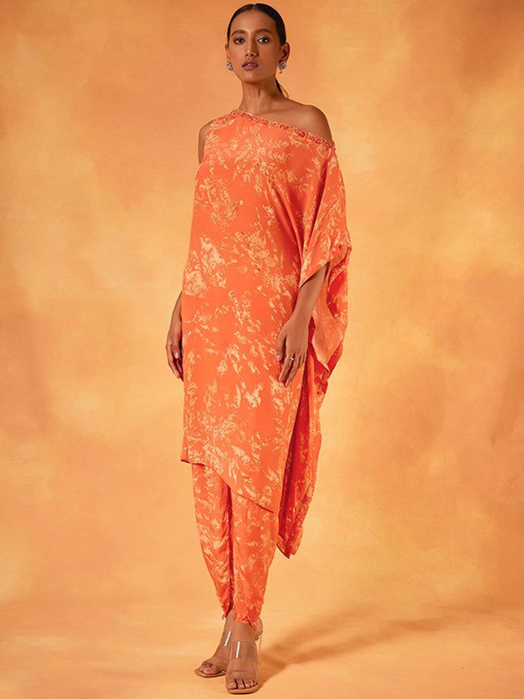 

SAUNDH Floral Printed Off-Shouldered Tunic With Trouser, Orange