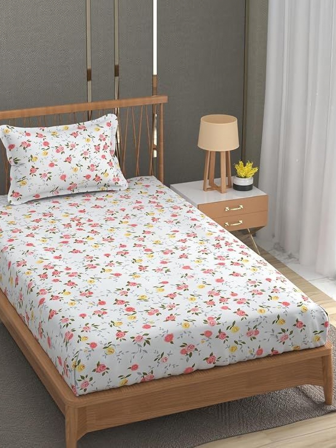 

BREVARD White Floral 210 TC Single Bedsheet with 1 Pillow Covers