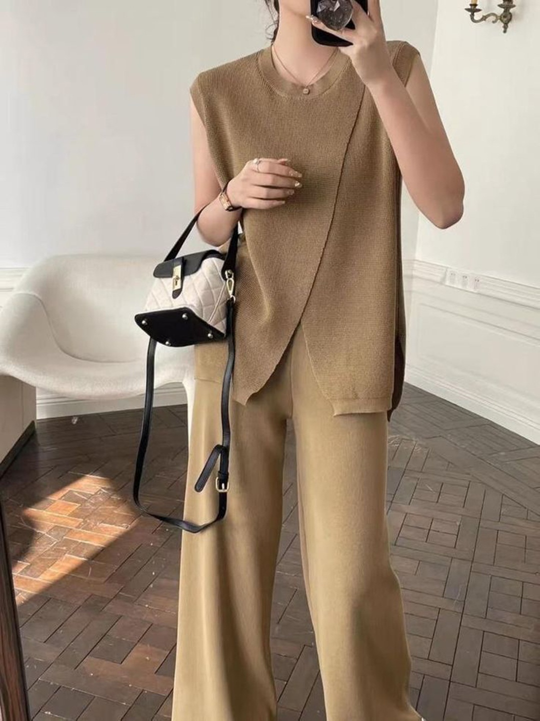 

PANKH Sleeveless Knitted Sweater & Trouser Co-Ord Set, Beige