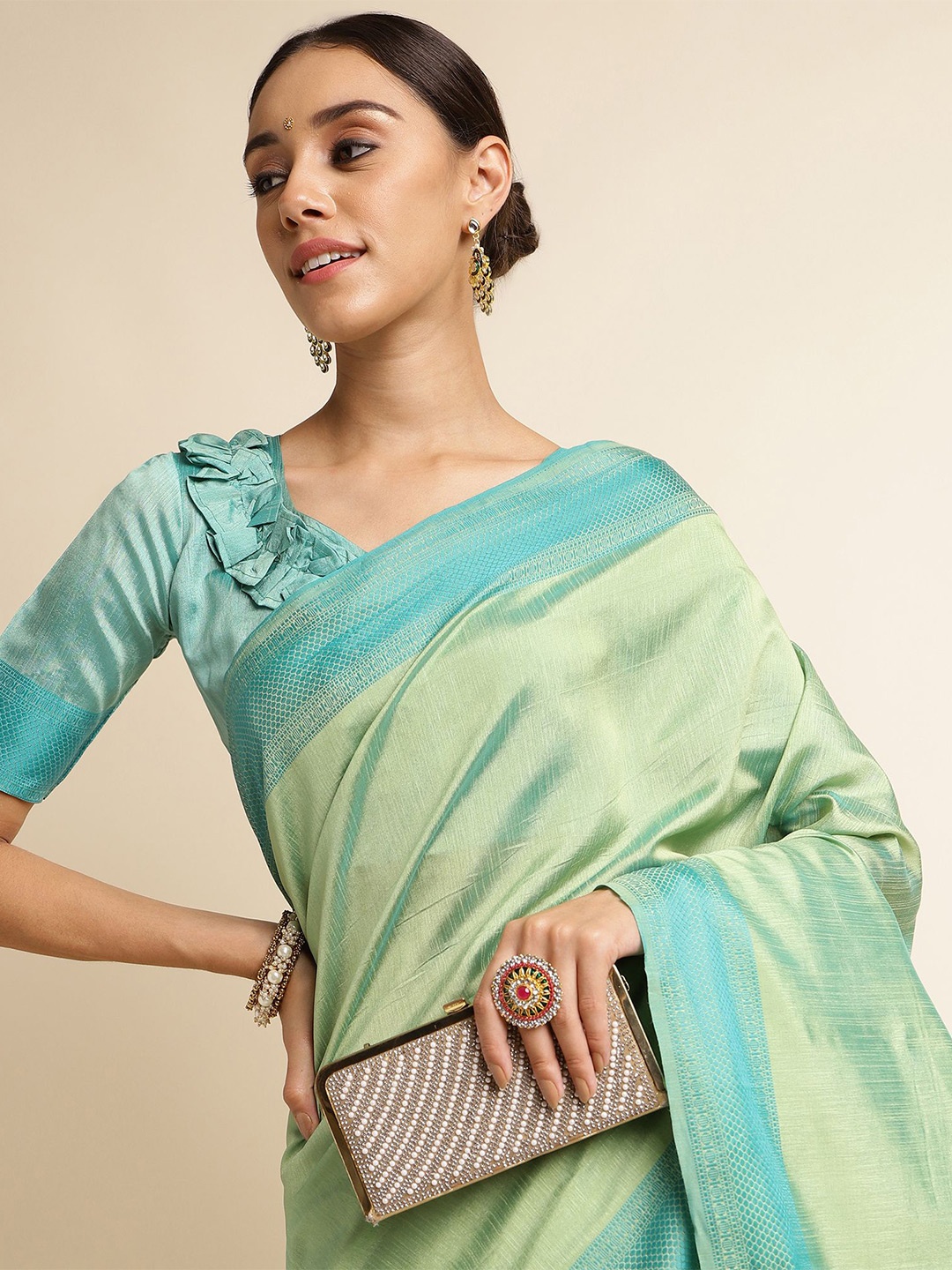 

DIVASTRI Woven Design Zari Silk Blend Banarasi Saree, Sea green