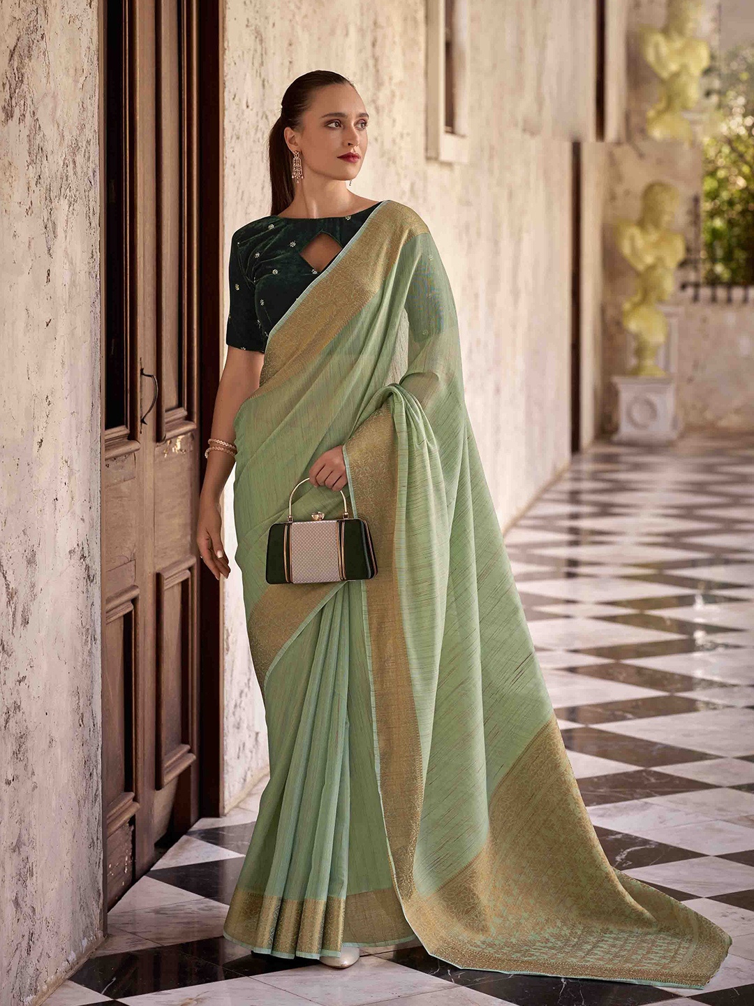 

Mitera woven design border Tissue Silk saree, Sea green