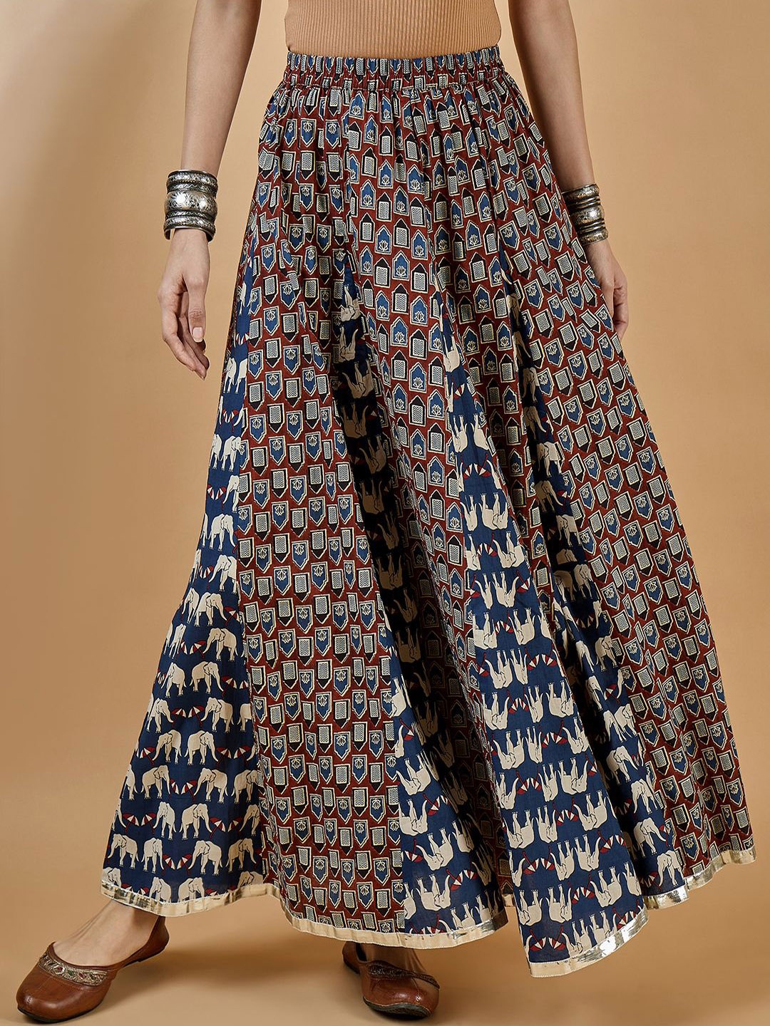 

WineRed Printed Pure Cotton Flared Maxi Skirt, Rust