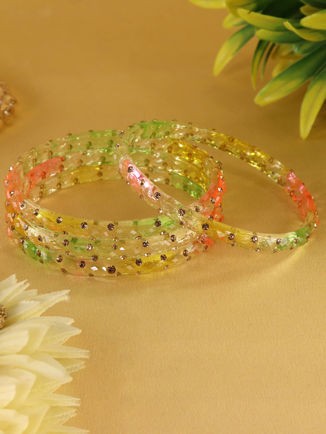 

ZULKA Set Of 4 Crystal Stone Studded Glass Bangles, Green