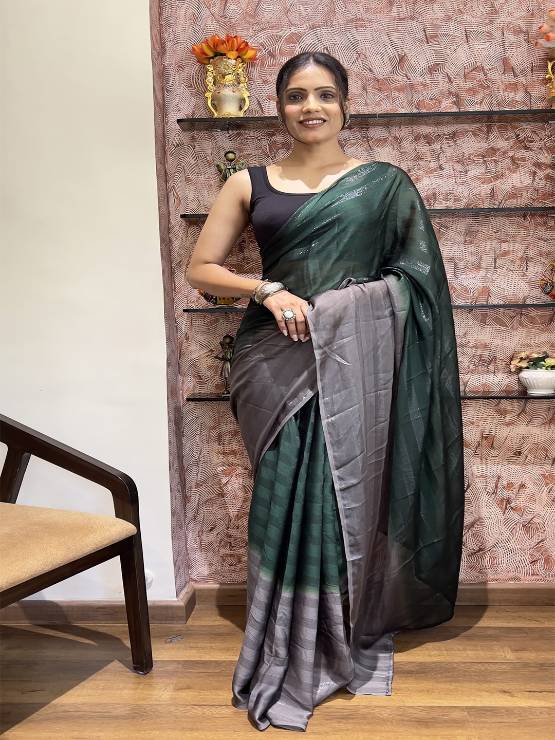 

HERE&NOW Striped Pure Chiffon Ready to Wear Saree, Green