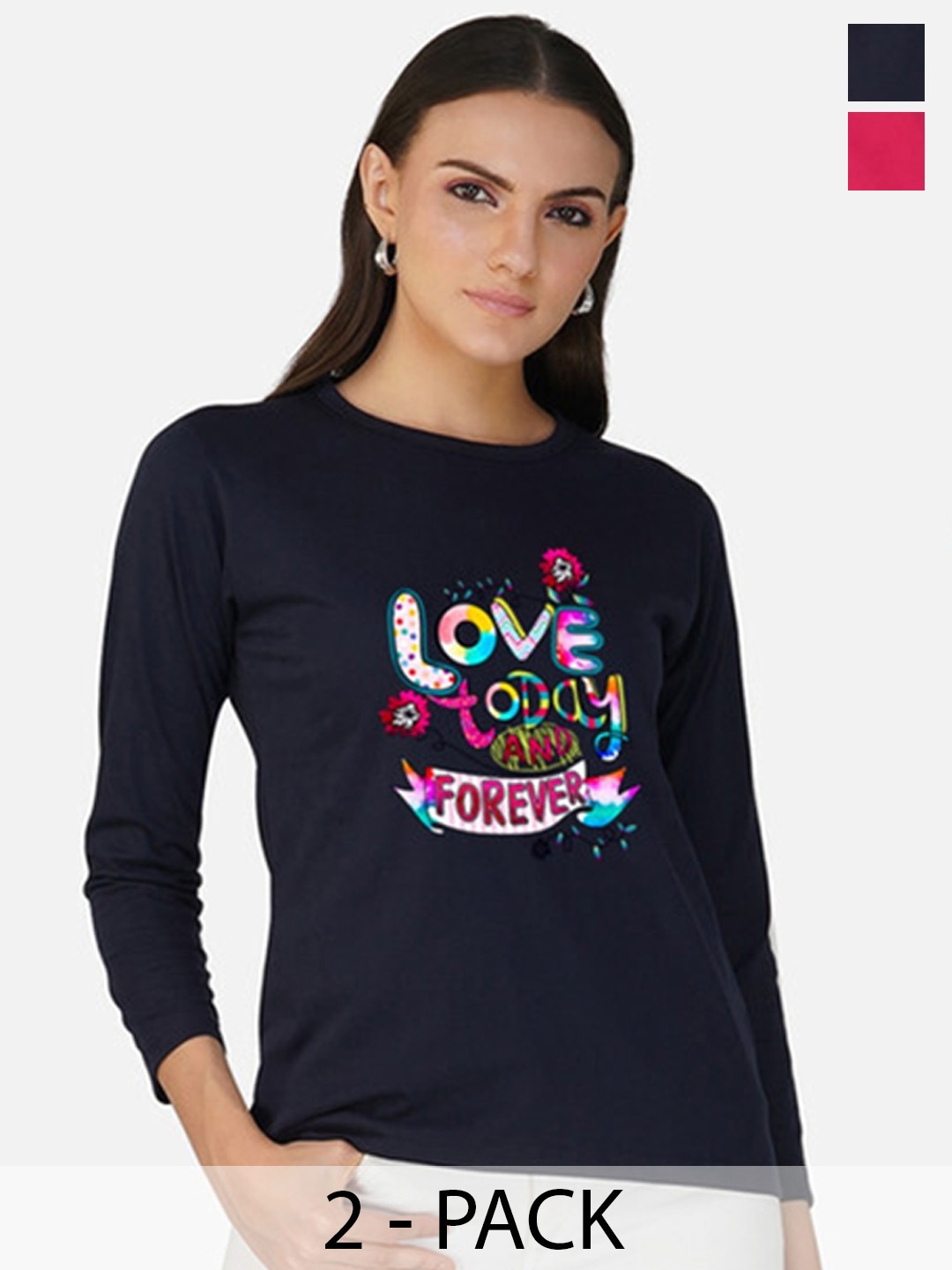 

Metronaut Women 2 Printed Bio Finish Applique T-shirt, Navy blue