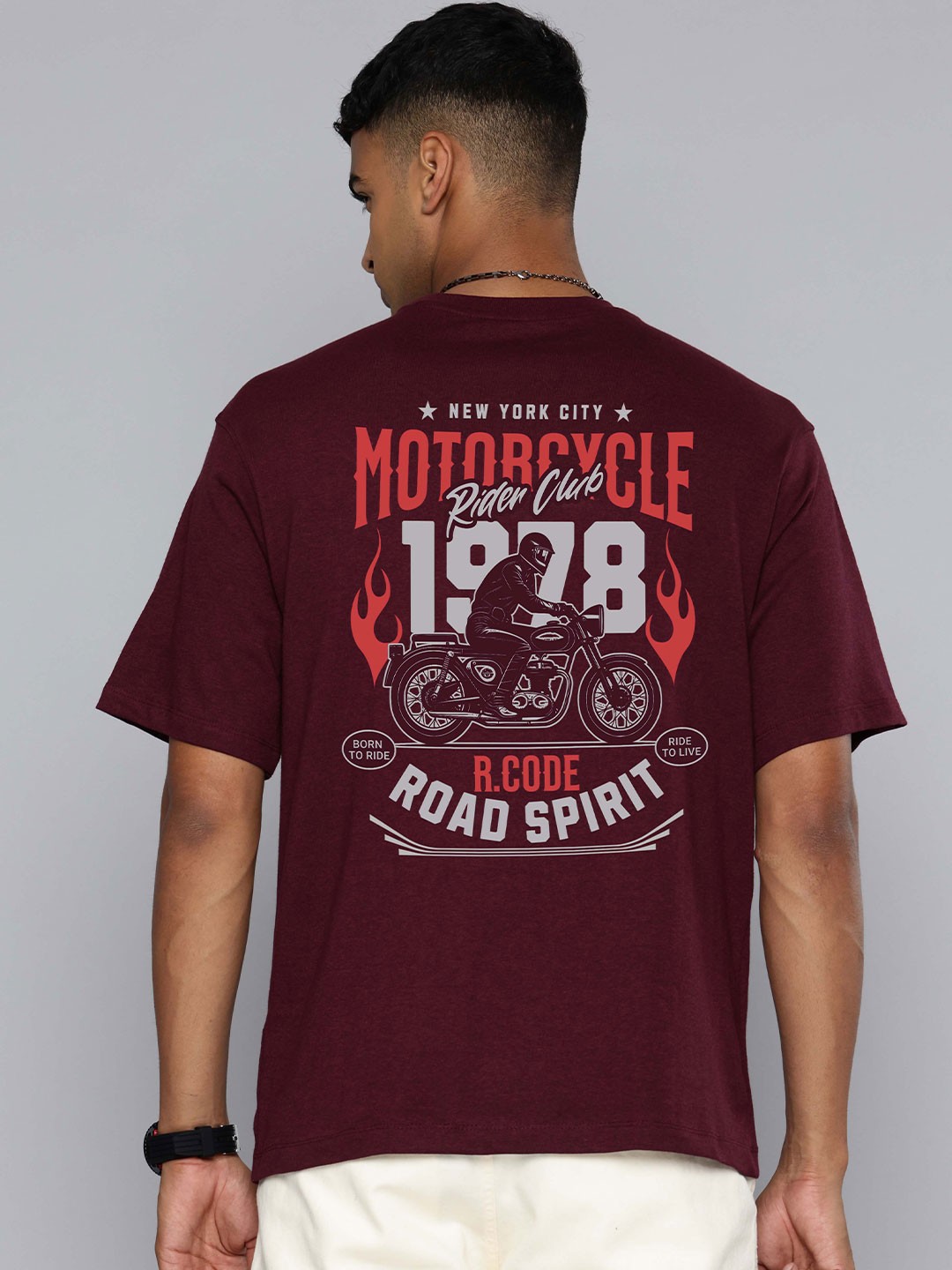 

R.Code by The Roadster Life Co. Men Printed T-shirt, Burgundy