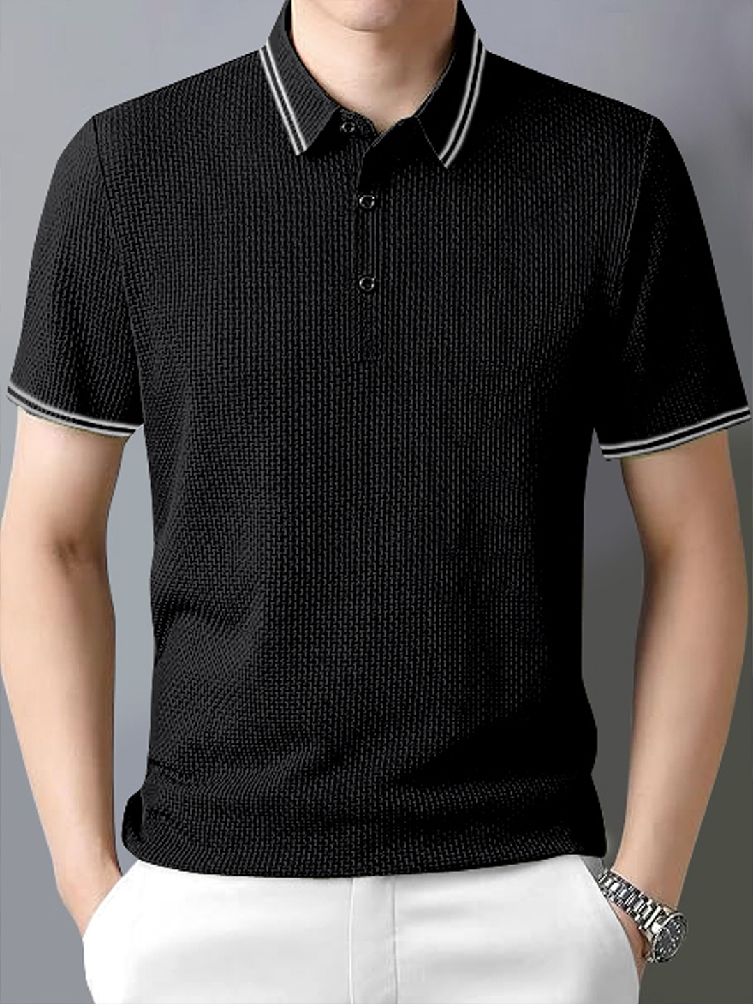 

Fashion2wear Men Self Design Polo Collar T-shirt, Black