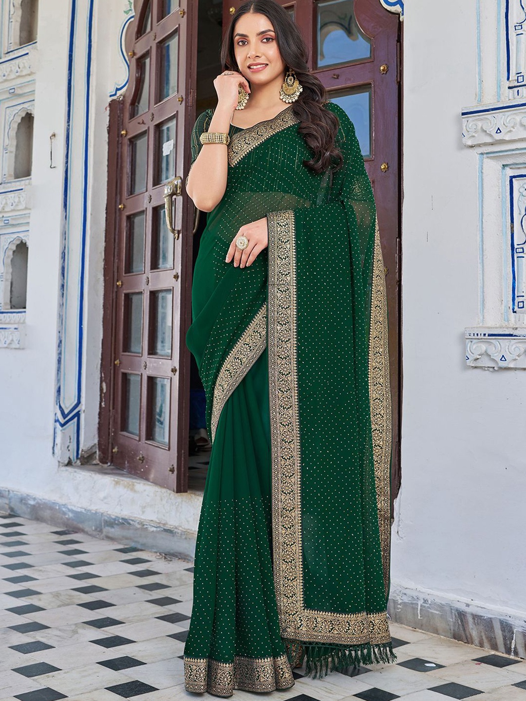 

all about you Embellished Zari Pure Georgette Paithani Saree, Green