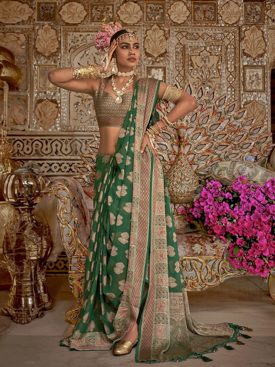 

MAHALASA Ethnic Motifs Zari Pure Georgette Banarasi Saree, Green