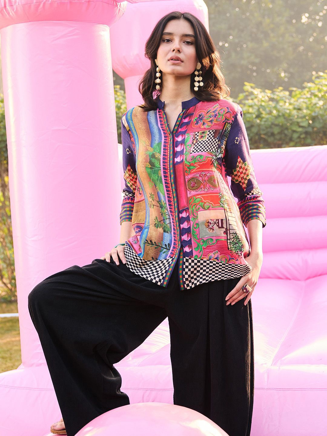 

SAUNDH Print Mandarin Collar Georgette Top, Purple
