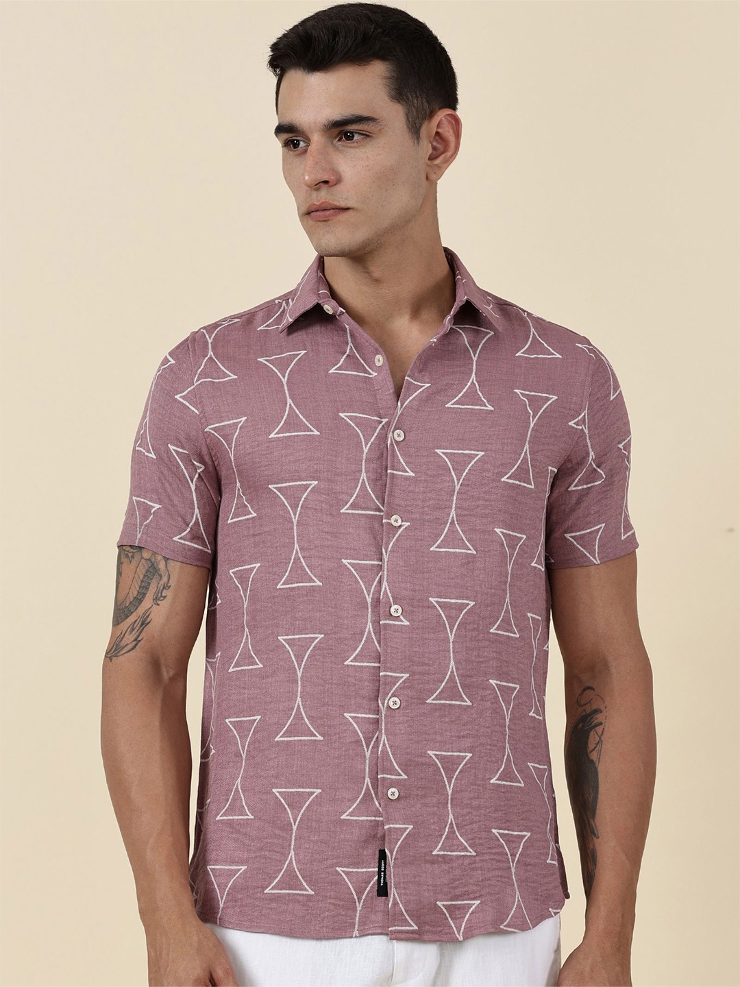 

Thomas Scott Men Classic Slim Fit Opaque Printed Casual Shirt, Pink