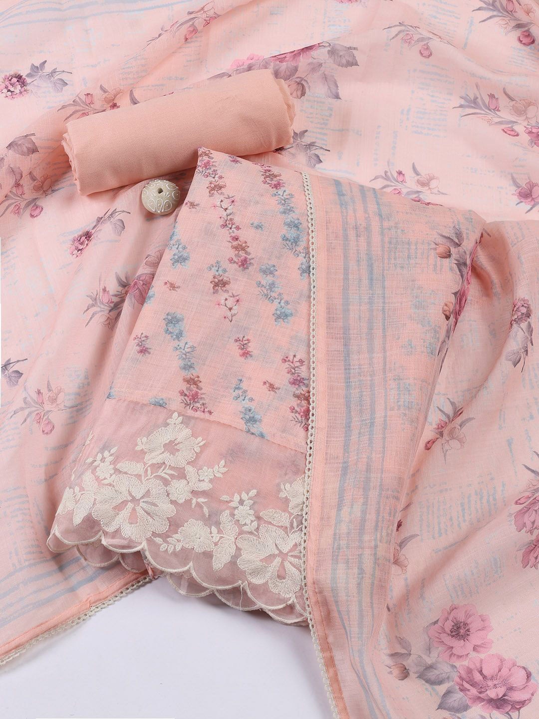 

Meena Bazaar Printed Linen Unstitched Dress Material, Peach