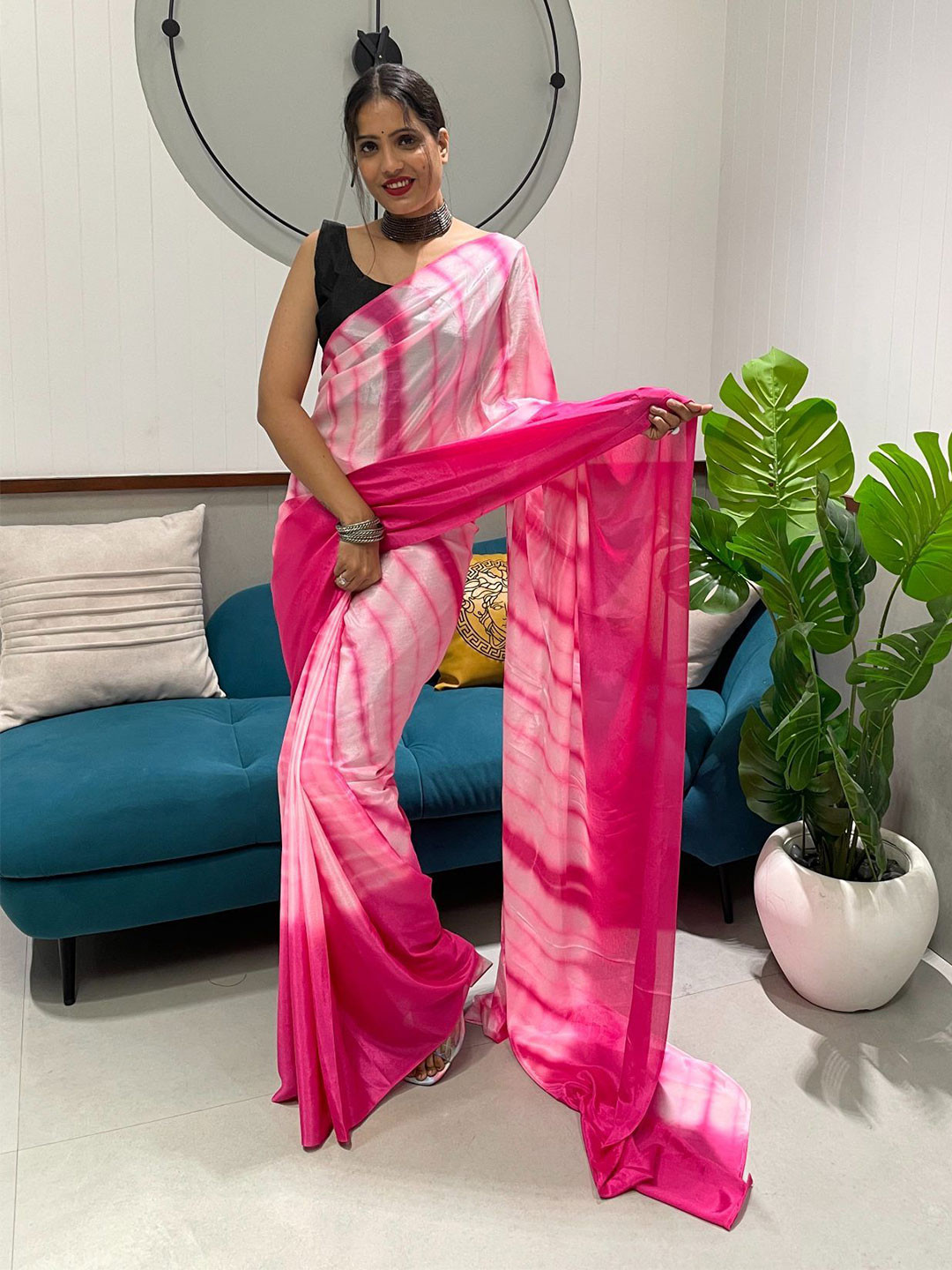 

Moda Rapido Tie and Dye Ready to Wear Saree, Pink