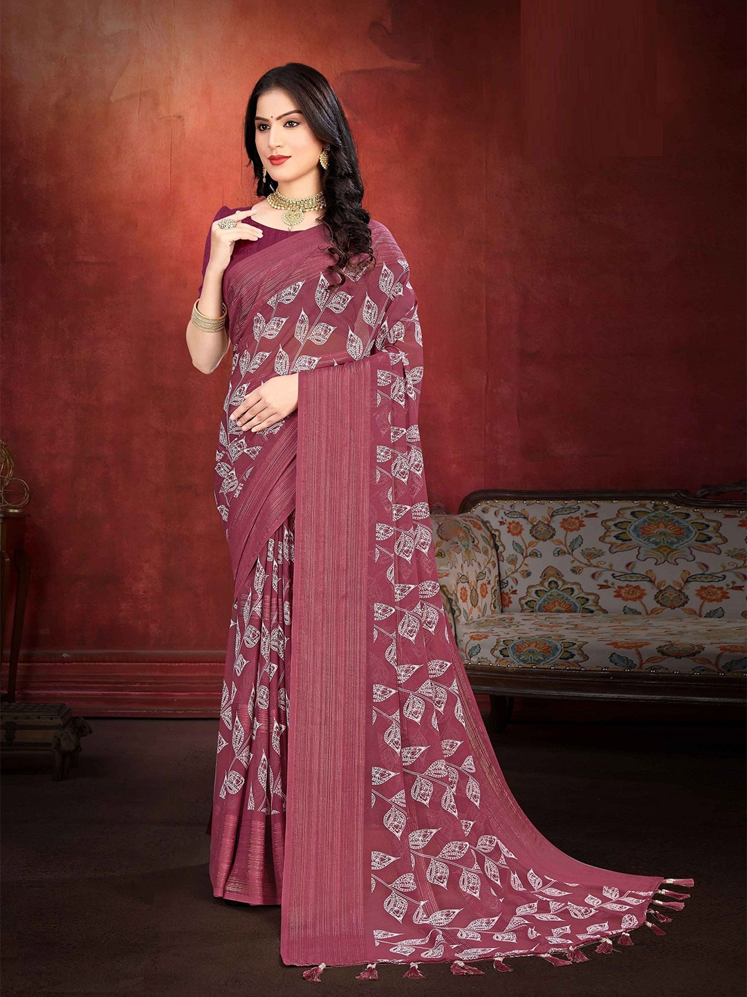 

MAHALASA Ethnic Motifs Pure Georgette Saree, Maroon