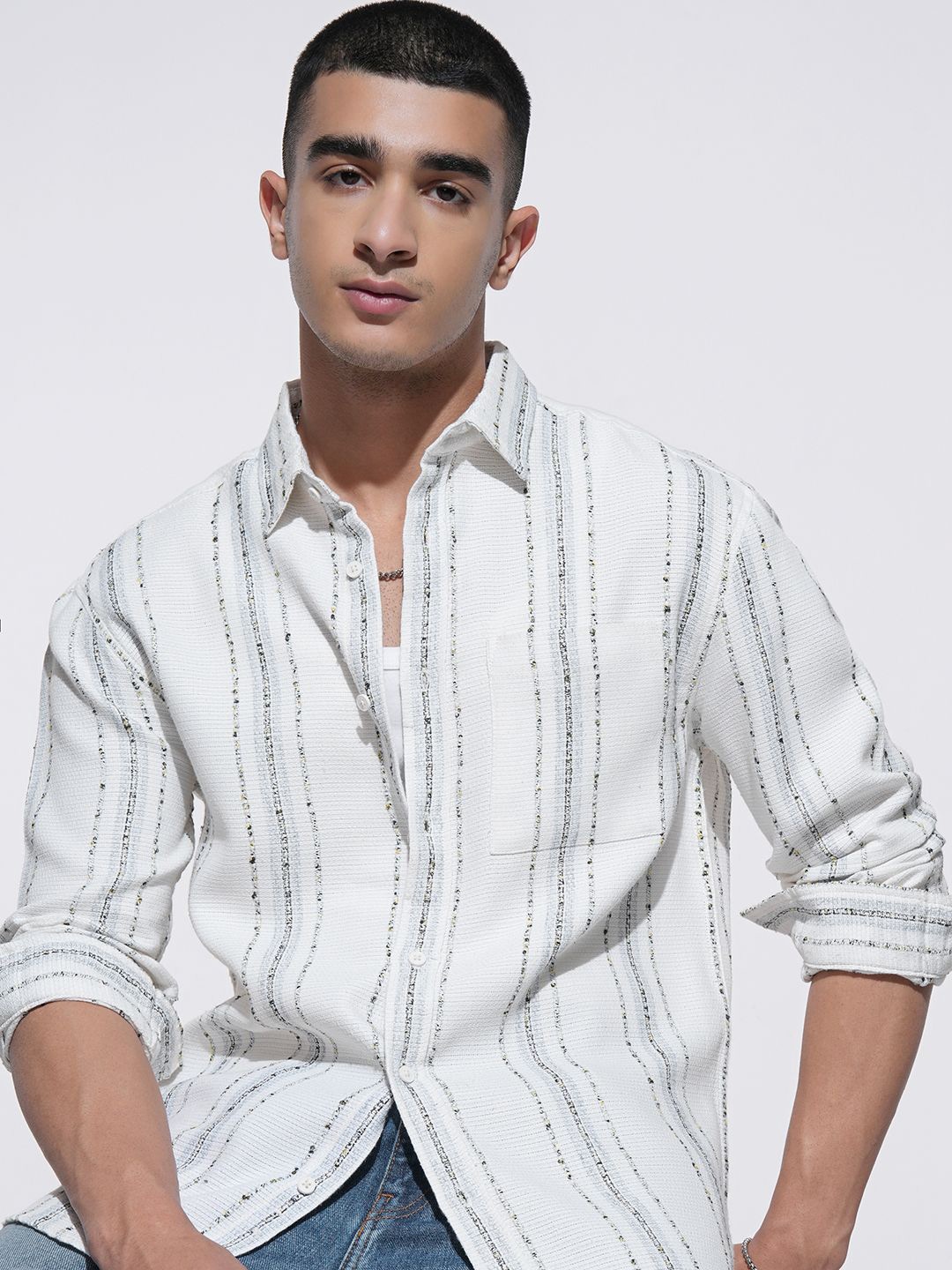 

HIGHLANDER Men Comfort Opaque Striped Casual Shirt, Cream
