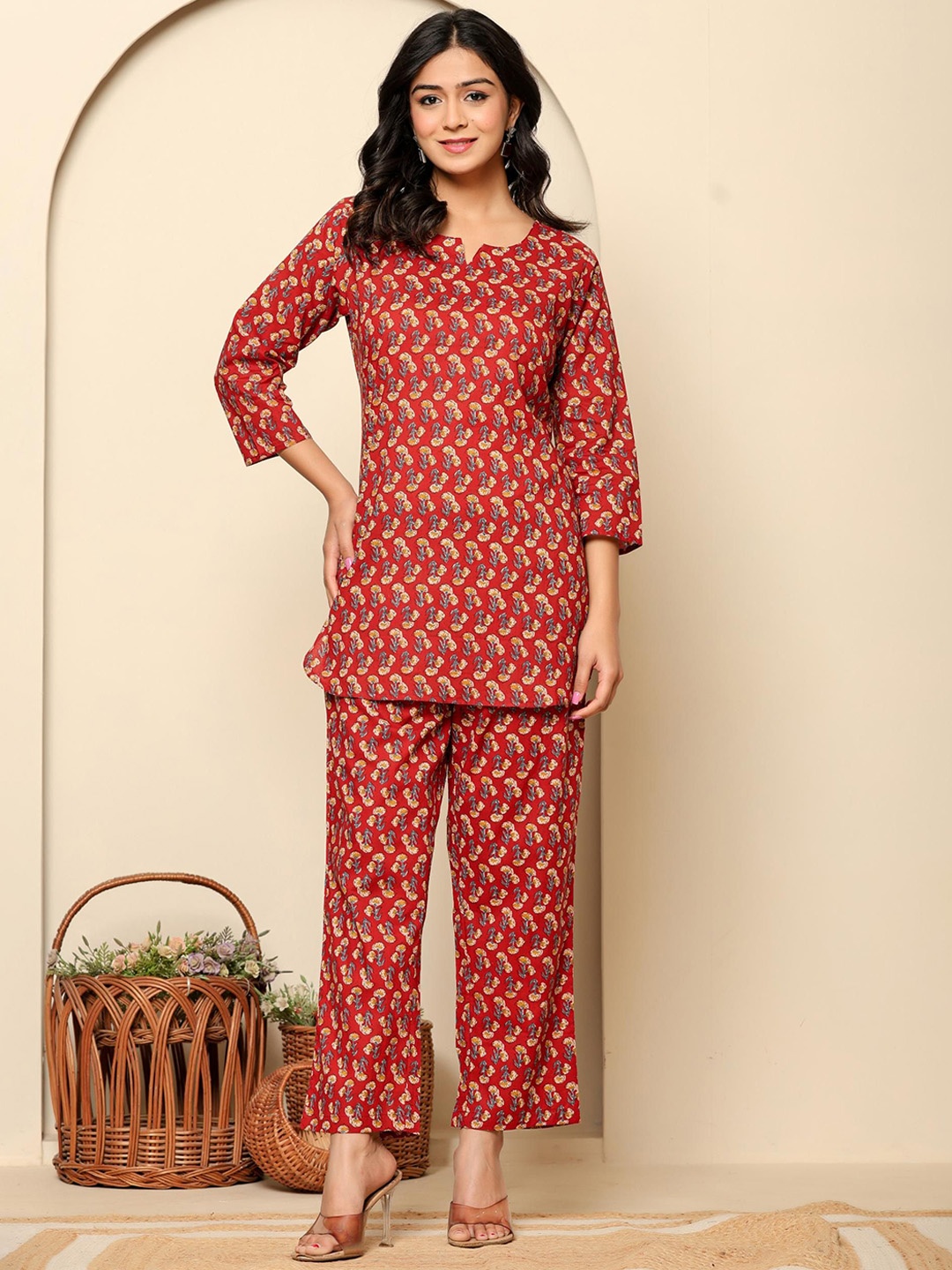 

Rouhab Printed Pure Cotton Top With Trousers Co-Ords, Red