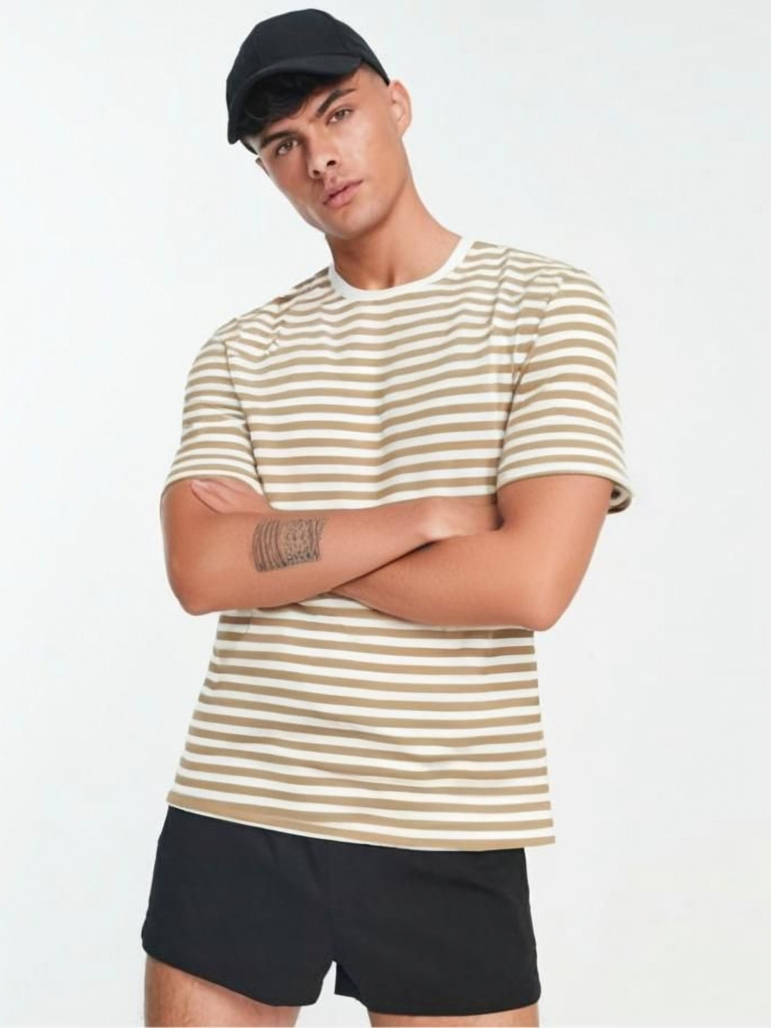 

MACK JONNEY Men Striped Monochrome Pockets T-shirt, Beige