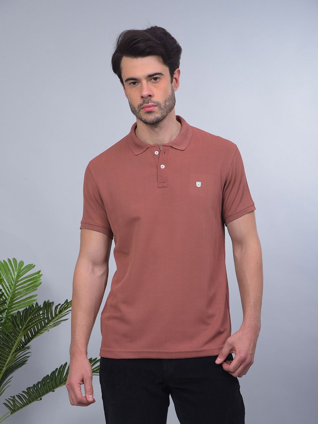 

COBB Men Striped Polo Collar Applique T-shirt, Brown