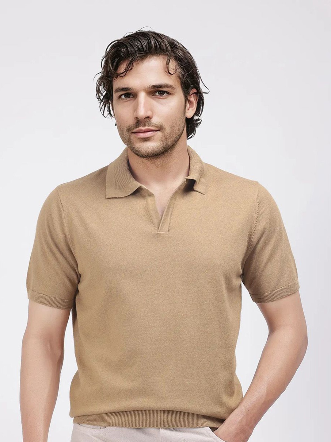 

RARE RABBIT Men Polo Collar Extended Sleeves T-shirt, Khaki