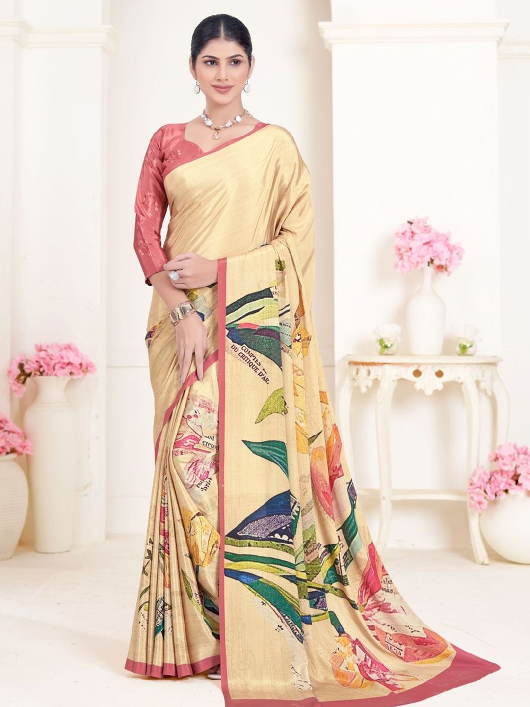 

Suha Floral Poly Crepe Saree, Gold