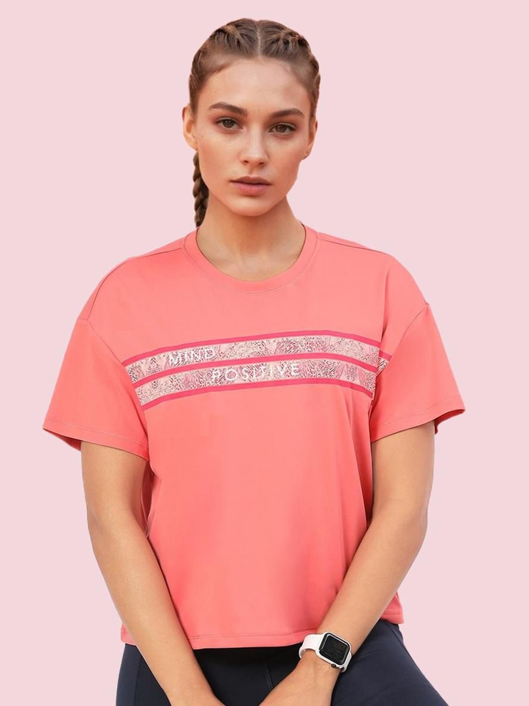 

Enamor Women Printed Antimicrobial Pockets T-shirt, Coral
