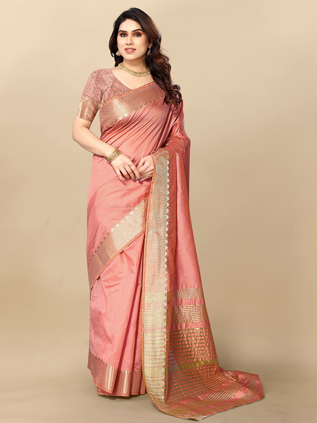 

Moda Rapido Woven Design Zari Silk Blend Designer Kanjeevaram Saree, Peach